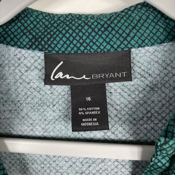 Lane Bryant Plus Size 16 Printed Long Sleeve Button Shirt Green Cotton Blend - Picture 4 of 5